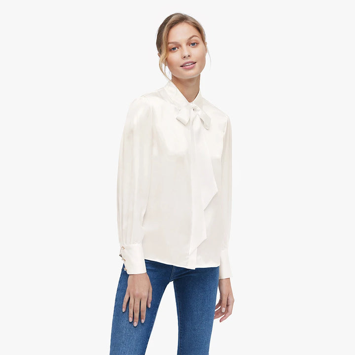 Refined Pure Silk Bow Tie Blouse