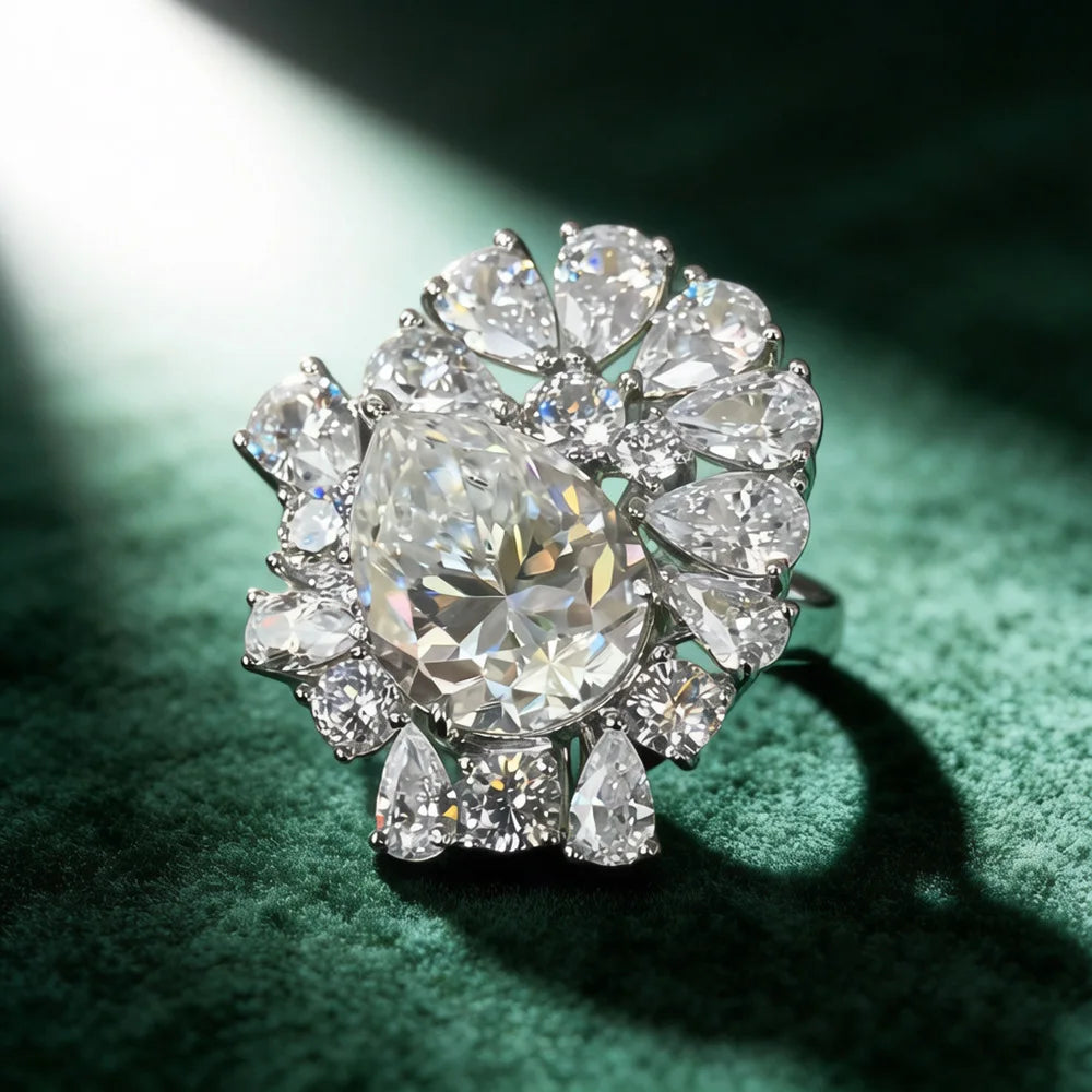Moissanite diamond women's ring with round center stone and full halo