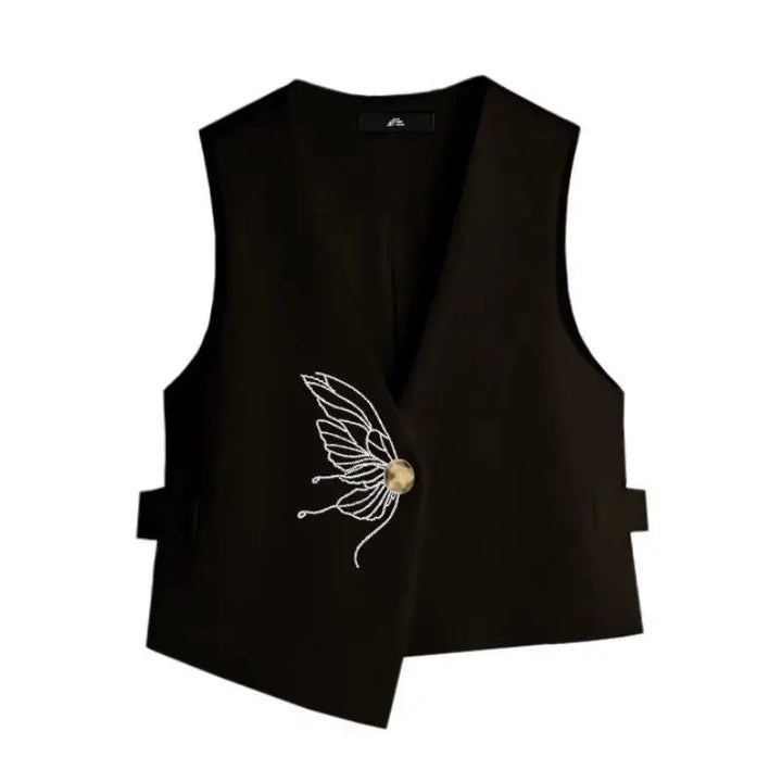 Black embroidered irregular waistcoat with V-neck and bird motif button