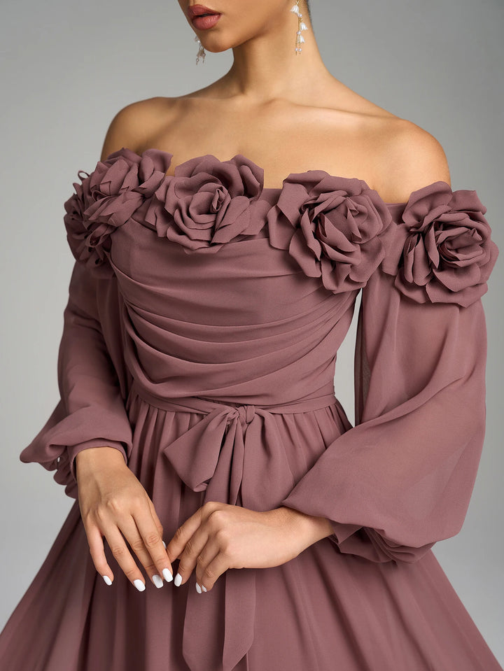Floral Decor Off-the-shoulder Evening Dress