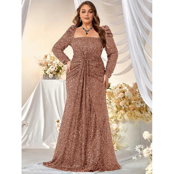 Sequins Square Neck Plus Size Evening Dress