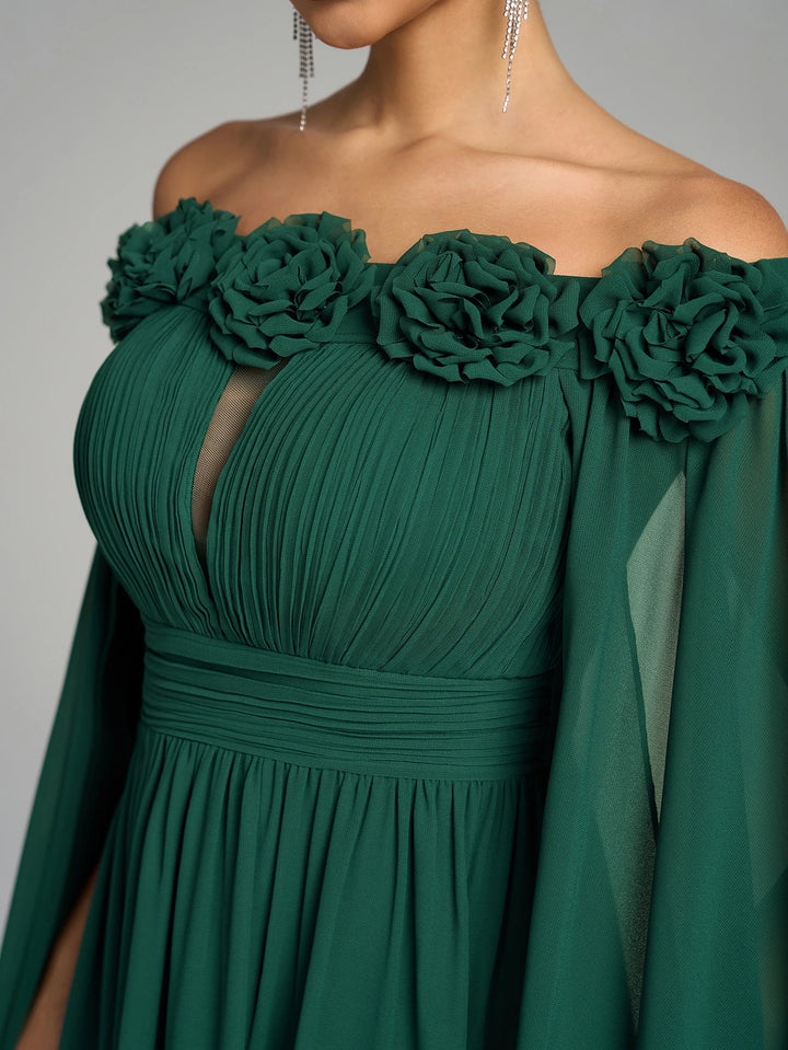 Embellish Flared Sleeves Pleated Dress