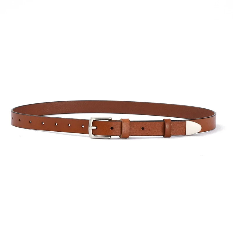 Women’s genuine leather waist belt in brown, silver-tone buckle and keeper