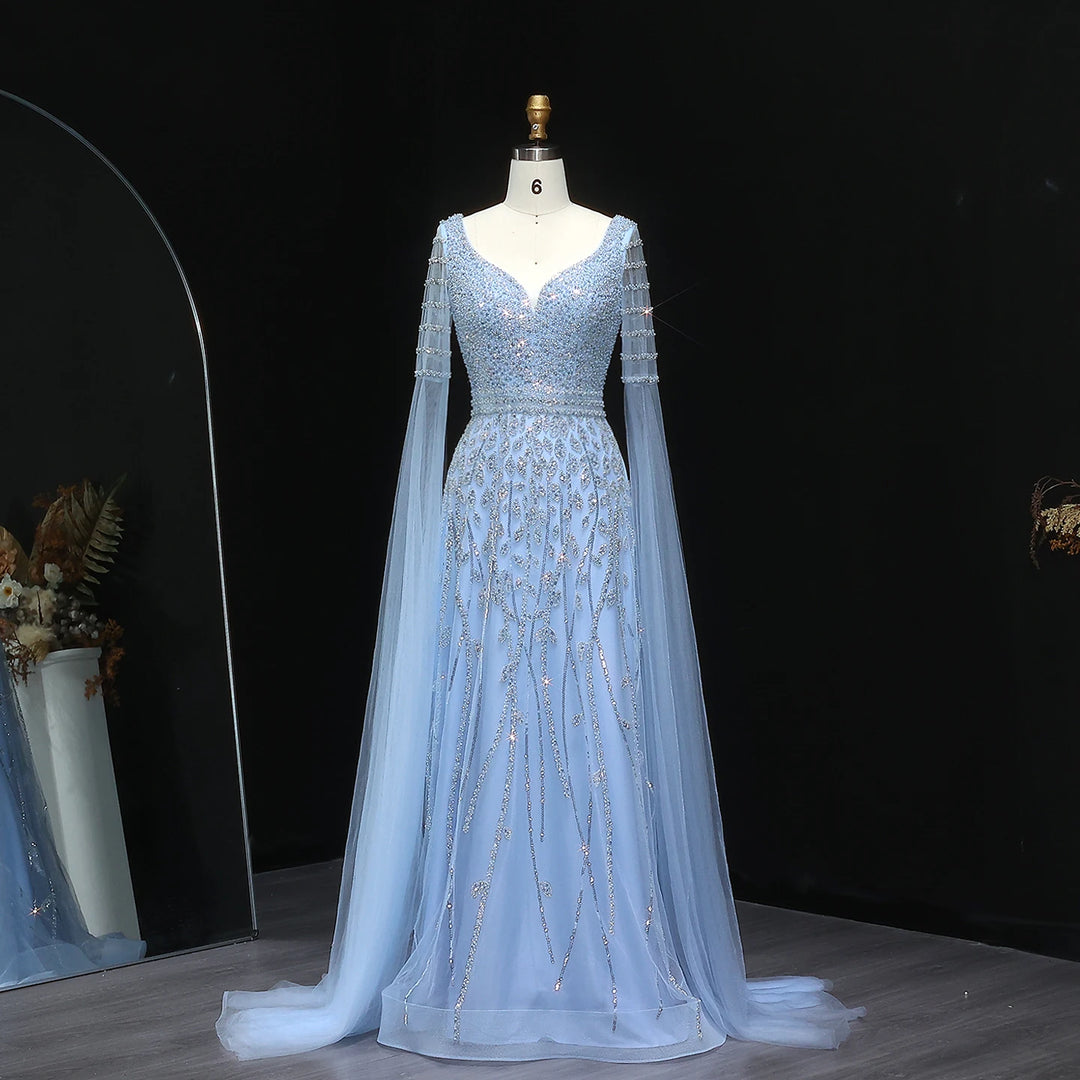 Regal Beaded Cape Sleeves Evening Dress