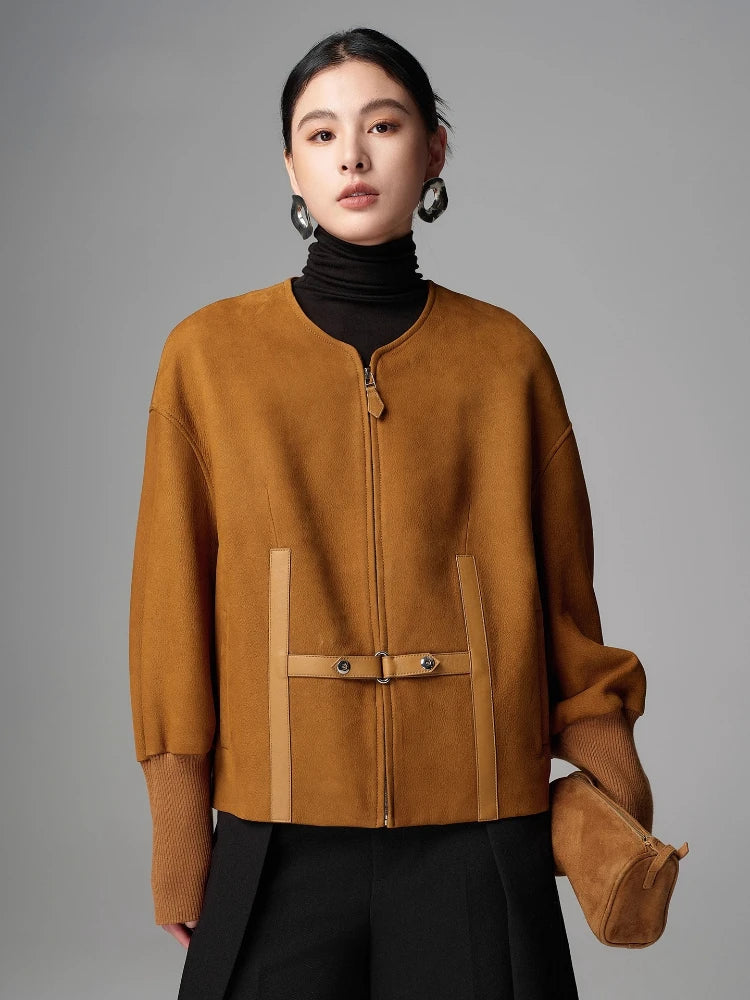 Mustard-brown O-neck shearling leather jacket with front zip, snap cuffs, flap pockets
