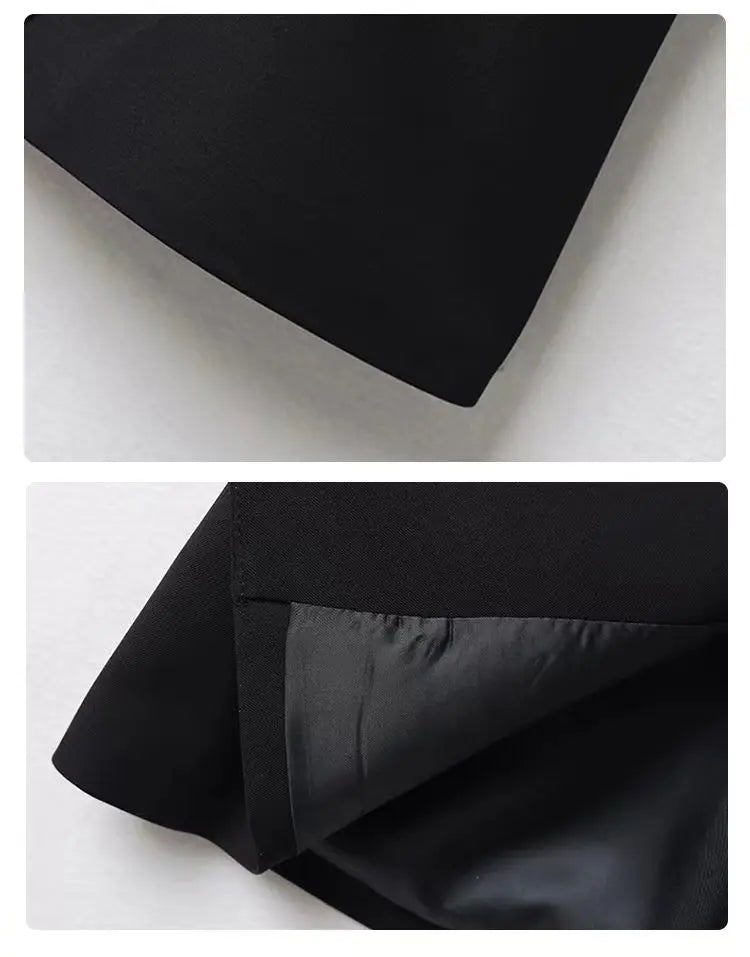 Black sleeveless blazer vest close-up of hemline and inner lining at the bottom