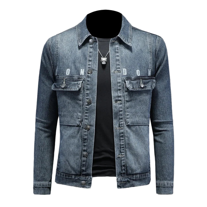 Denim jacket with 'London' text on a gray background