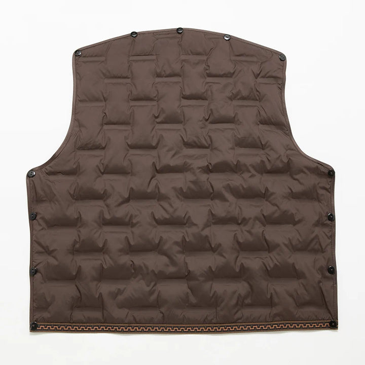 Khaki goose down vest panel with snap buttons and quilted puffer texture