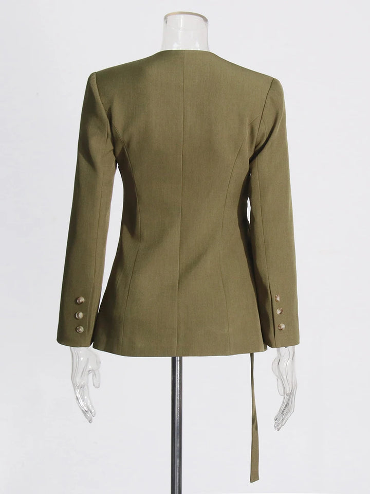Green asymmetrical blazer with vented back and gold-button cuff details
