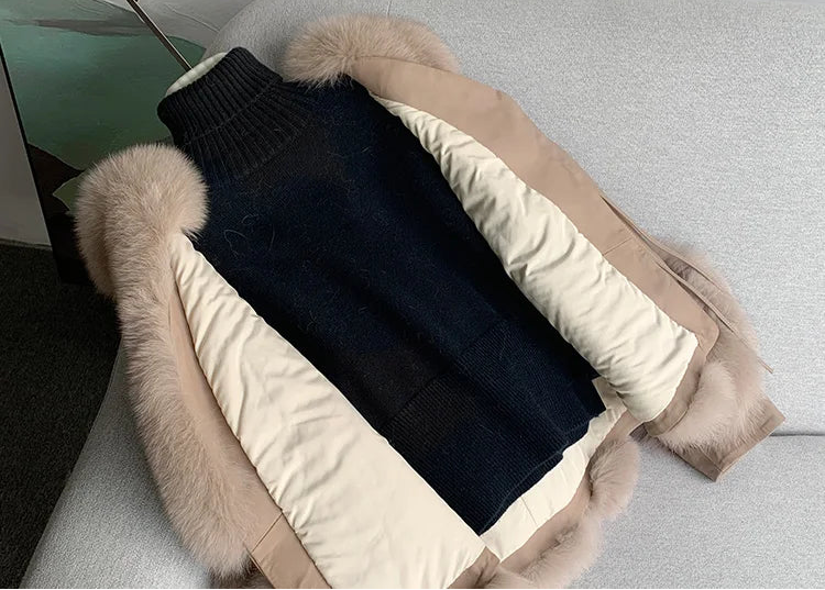 Women’s thick fur coat on hanger, front view with plush sleeves and drawstring ties