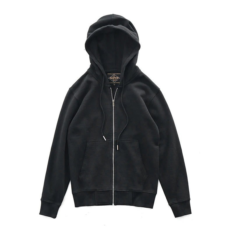 Black hoodie with a brand logo on a white background