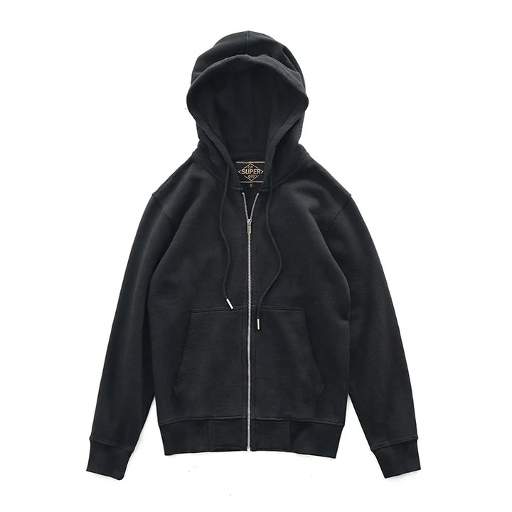 Black hoodie with a brand logo on a white background