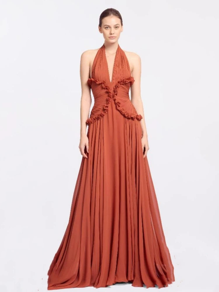 Orange halter A-line ruffle dress with ruffled bodice detail