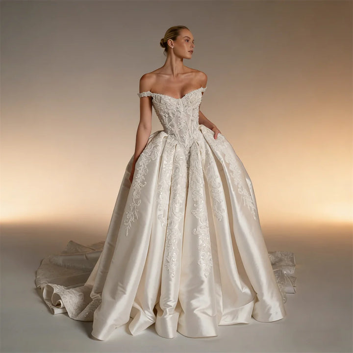 Sweet Off Shoulder Lace-Up Bridal Gown