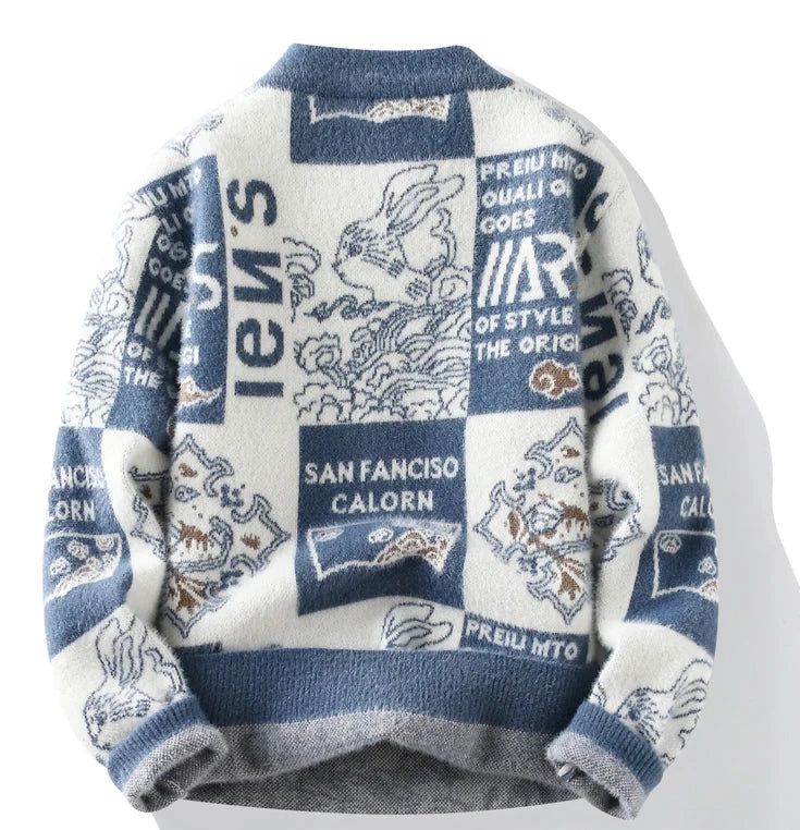 Patterned sweater with text and graphics on a white background