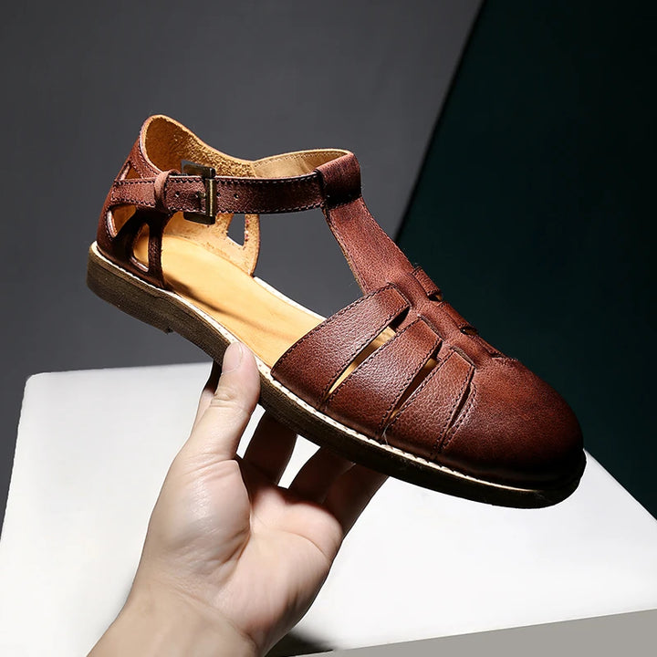 Round-toe Oil Slick Leather Sandals