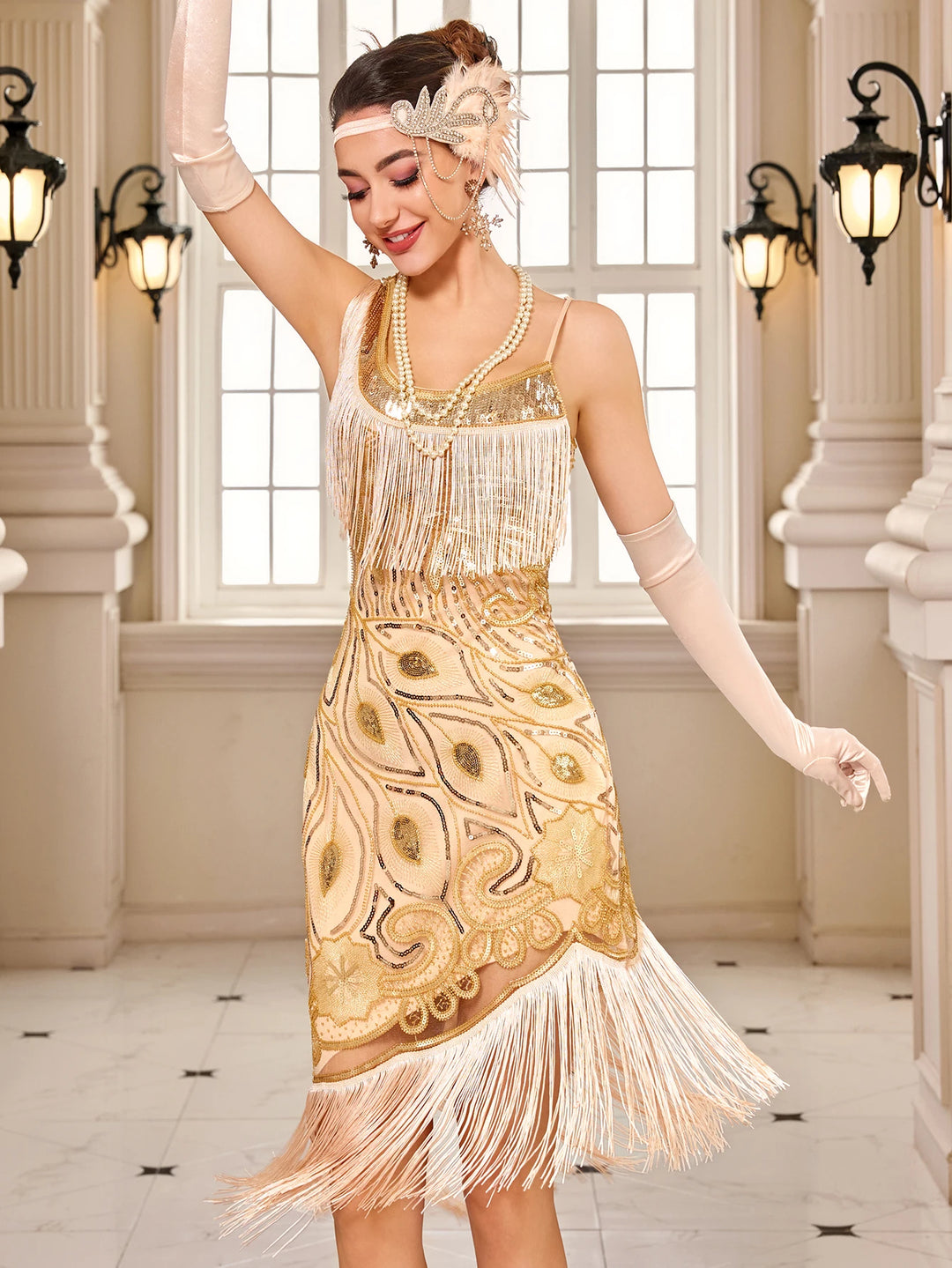 Champagne sequin flapper dress with fringe hem and scoop neckline detail