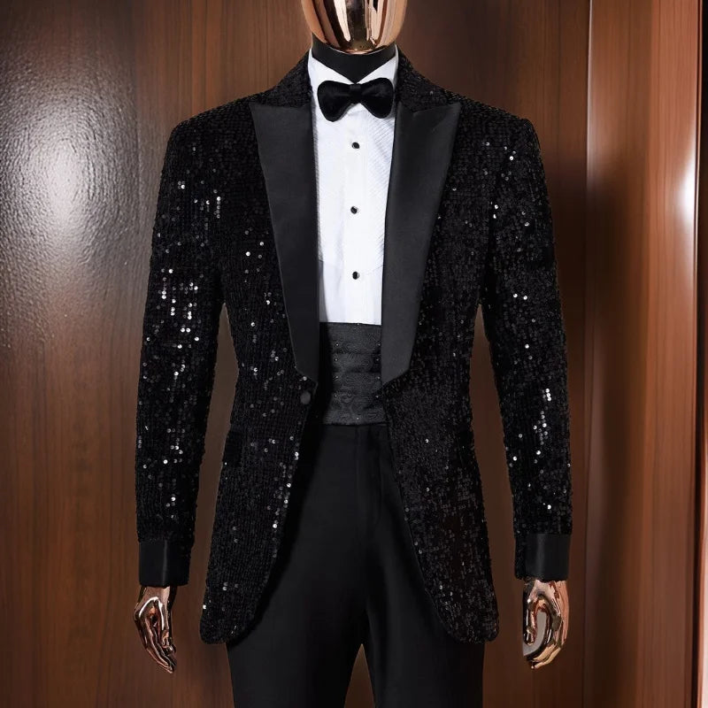 Notched Shining Sequins Two Piece Tuxedo