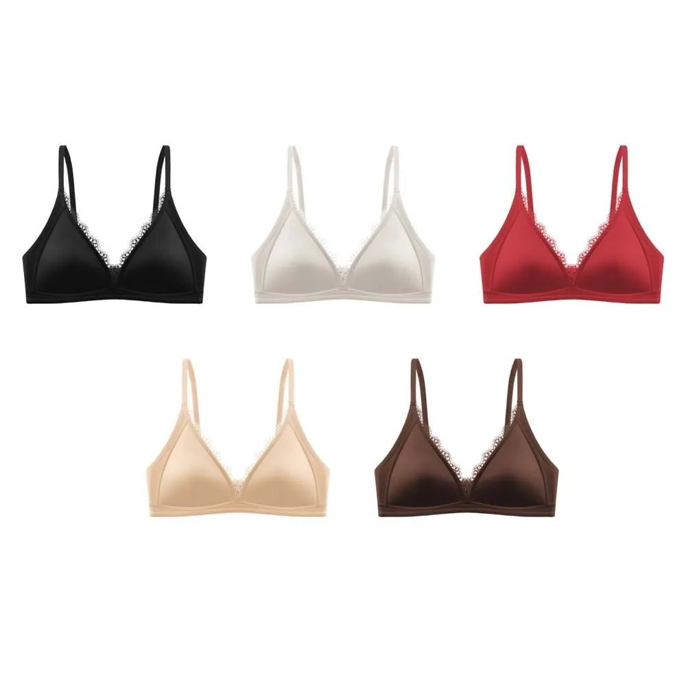 Multi-color satin wireless V-neck bras with lace trim: black, white, red, beige, chocolate