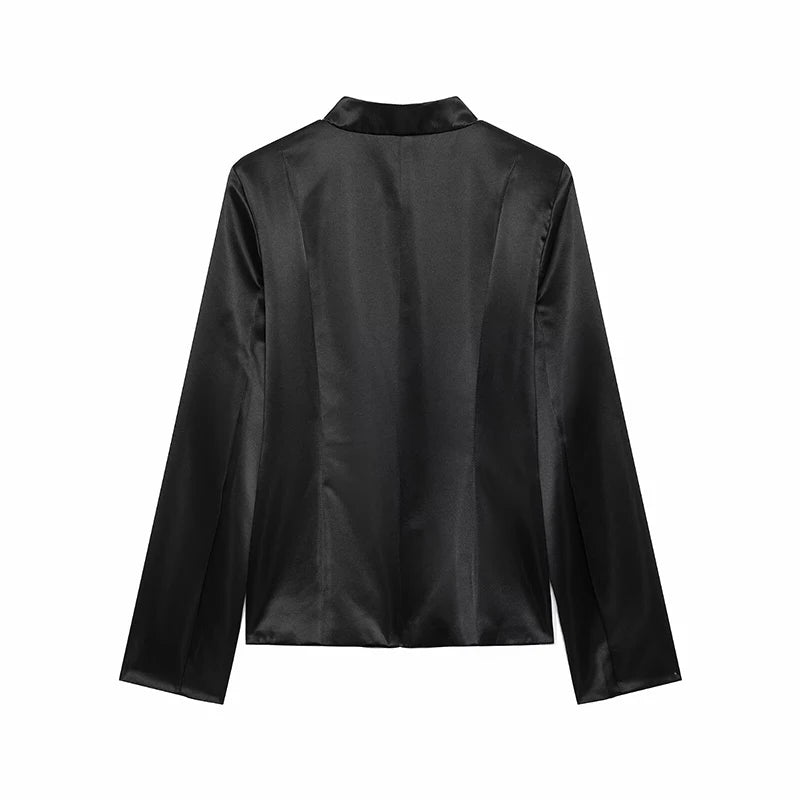 Black satin stand-collar blazer, back view with smooth seams