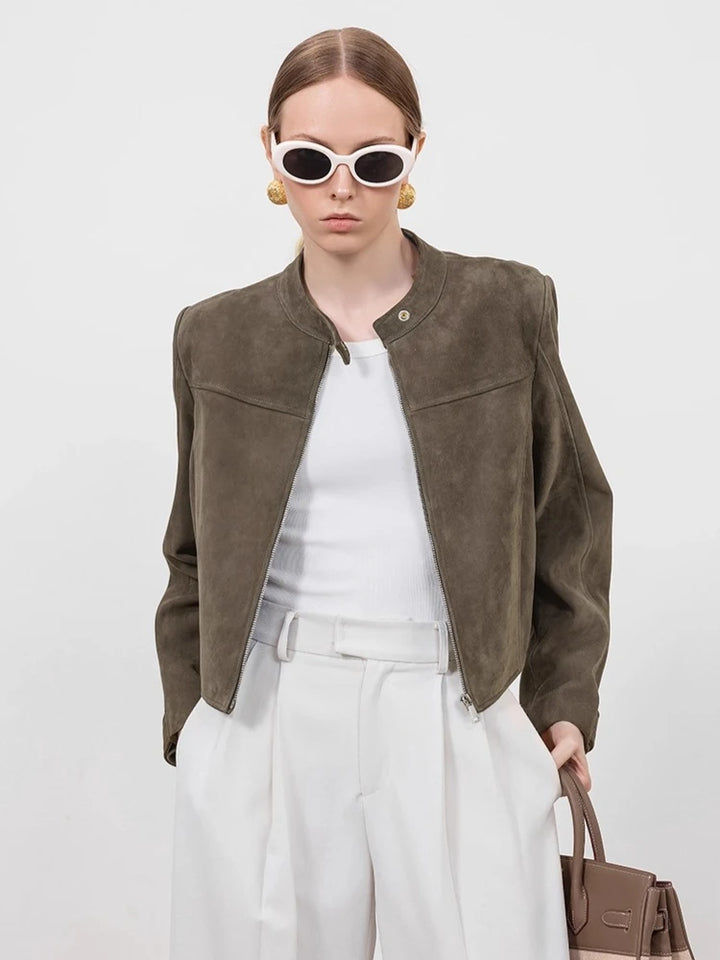 Gray-green suede cropped jacket with snap front, stand collar, flap pockets