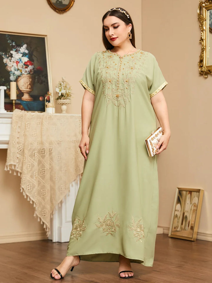 Short Sleeve Floral Embroidery Women's Abaya Dress