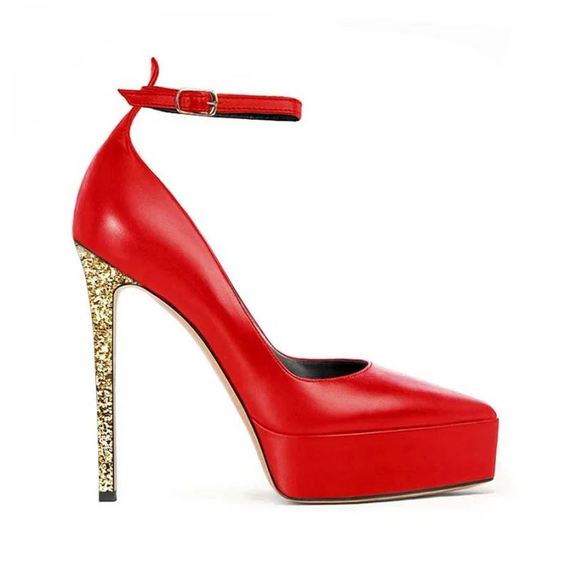 Red women’s pointed heel pumps with ankle strap and tall gold glitter stiletto heel