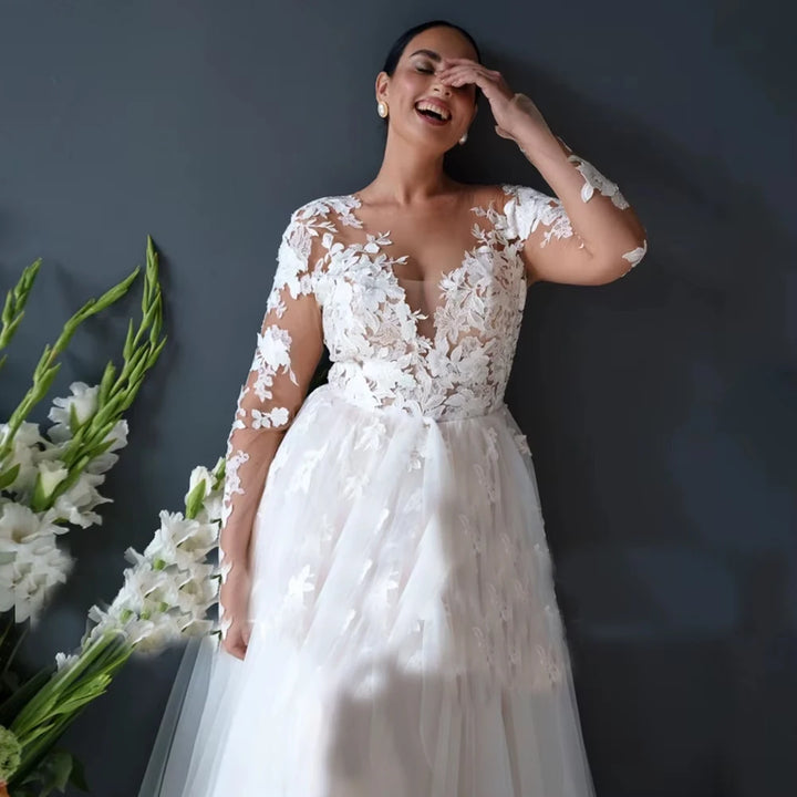 Luxury Sheer Round Neck Plus Size Bridal Dress
