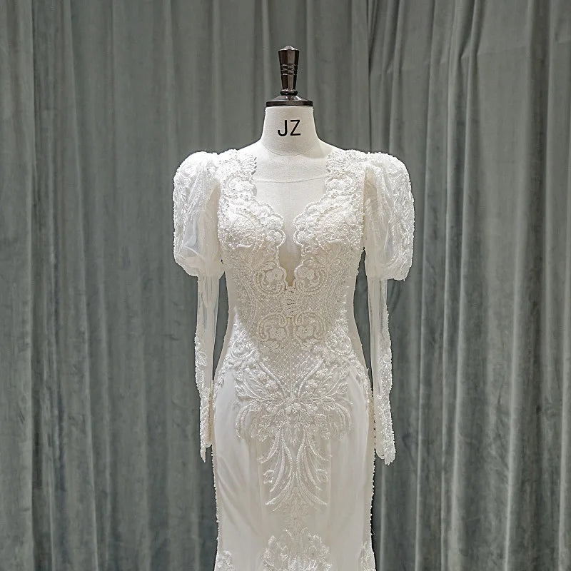 Attractive Long Puff Sleeves Wedding Gown