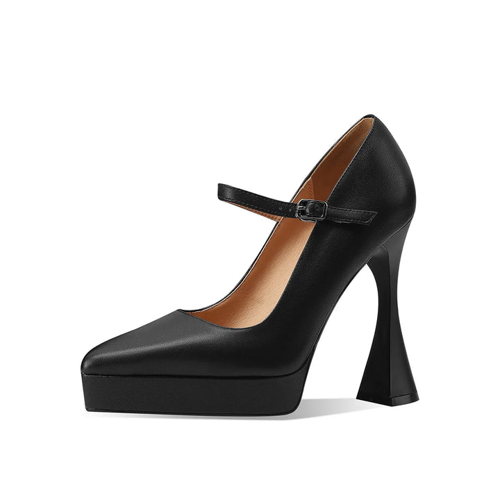 Black leather platform heel pumps with ankle strap and buckle