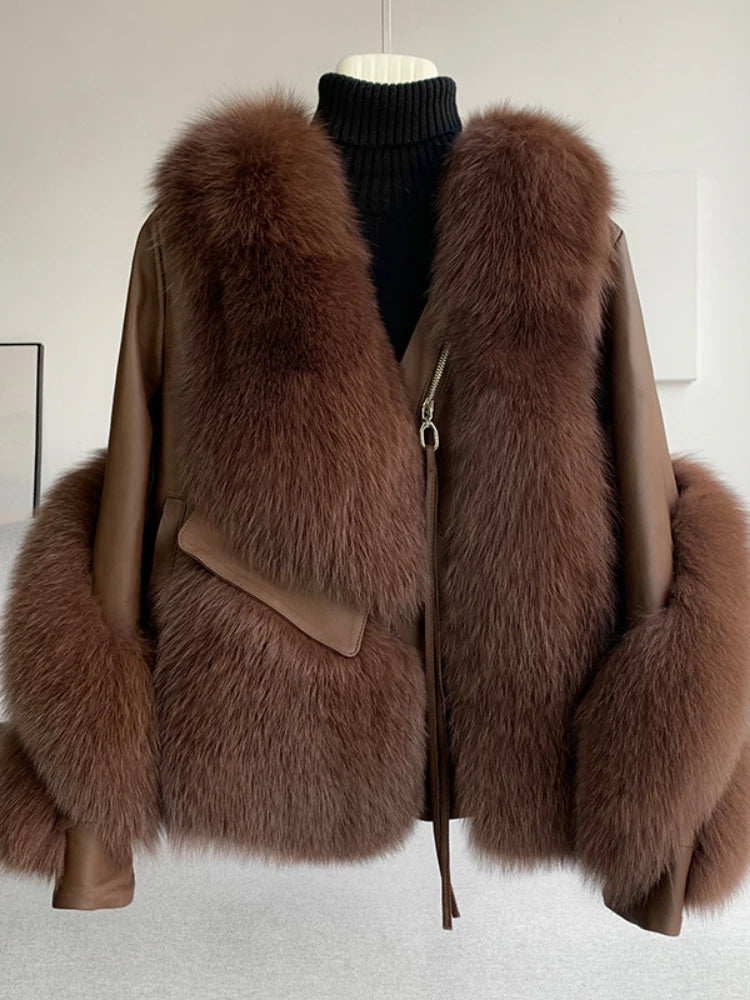 Women’s thick warm real fur coat in brown with zip front and wide fur-trimmed shoulders