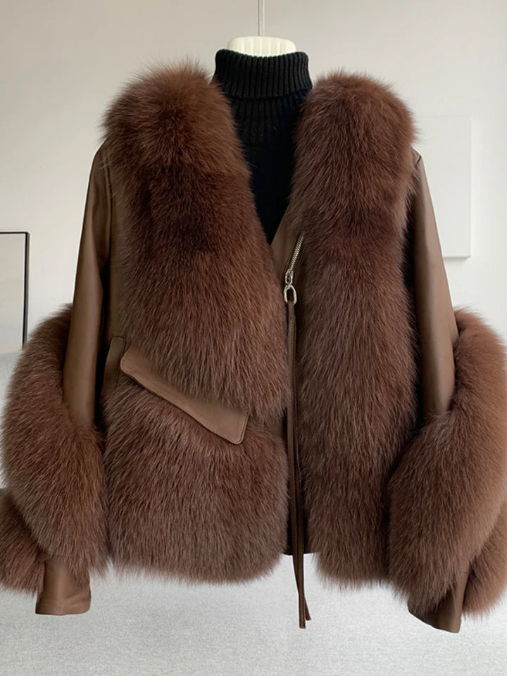 Women’s thick warm real fur coat in brown with zip front and wide fur-trimmed shoulders