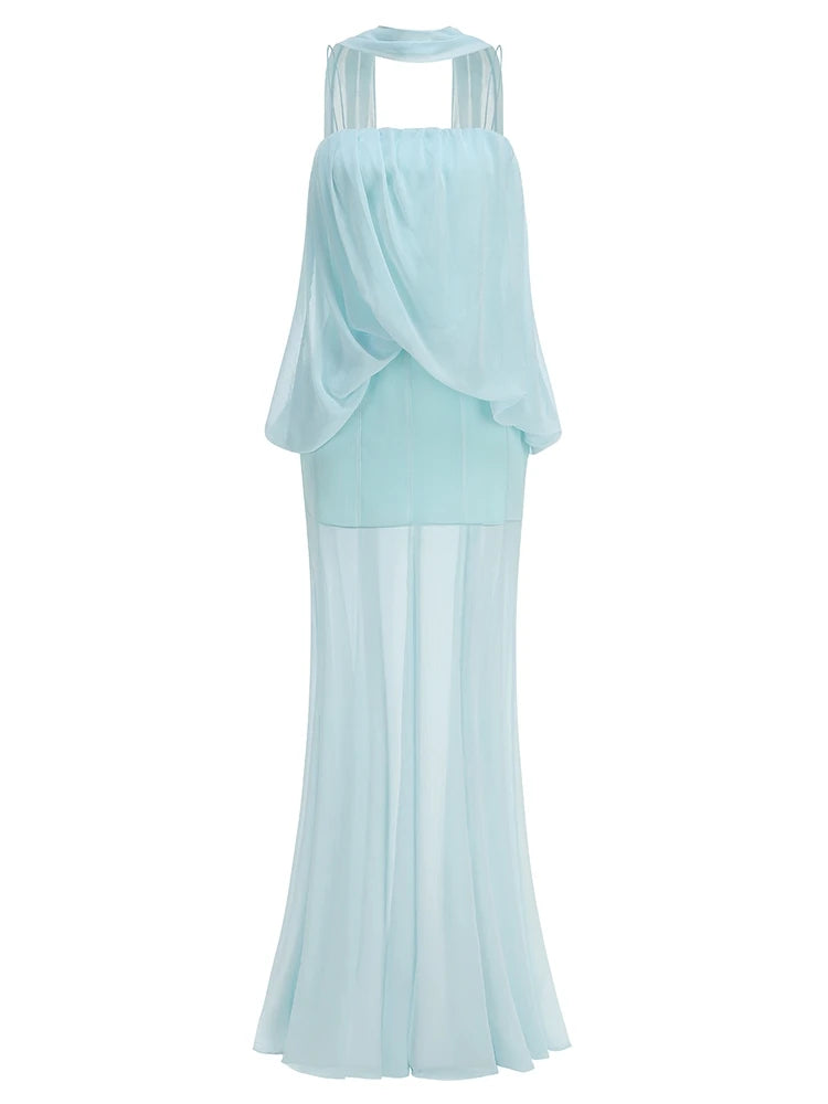 Light blue halter ruched evening dress with chiffon drape overlay and maxi skirt