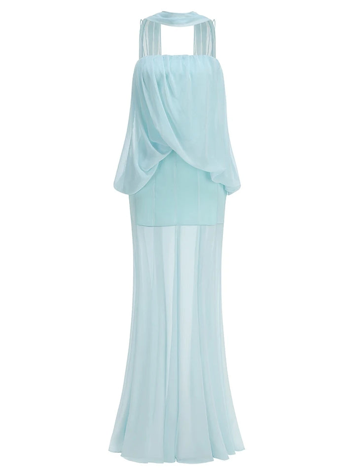 Light blue halter ruched evening dress with chiffon drape overlay and maxi skirt
