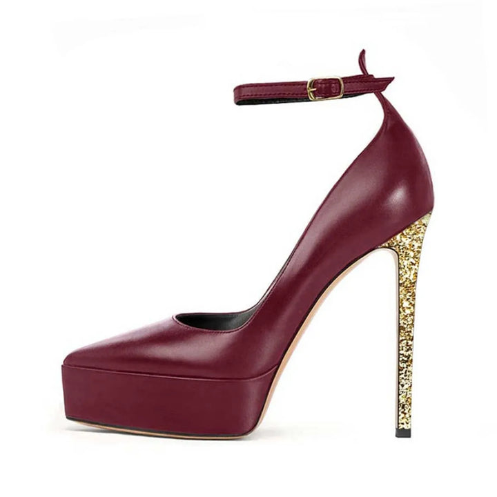 Wine red platform pointed-toe pumps with ankle strap and gold glitter stiletto