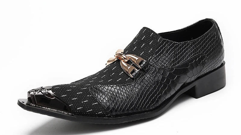 Men's black leather slip-on oxford shoes, textured pattern and metal clasp detail