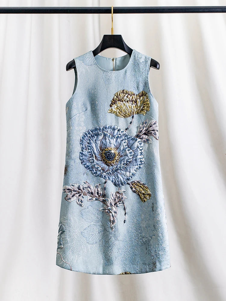 Luxury 3D-Beaded Floral Embroidery Dress