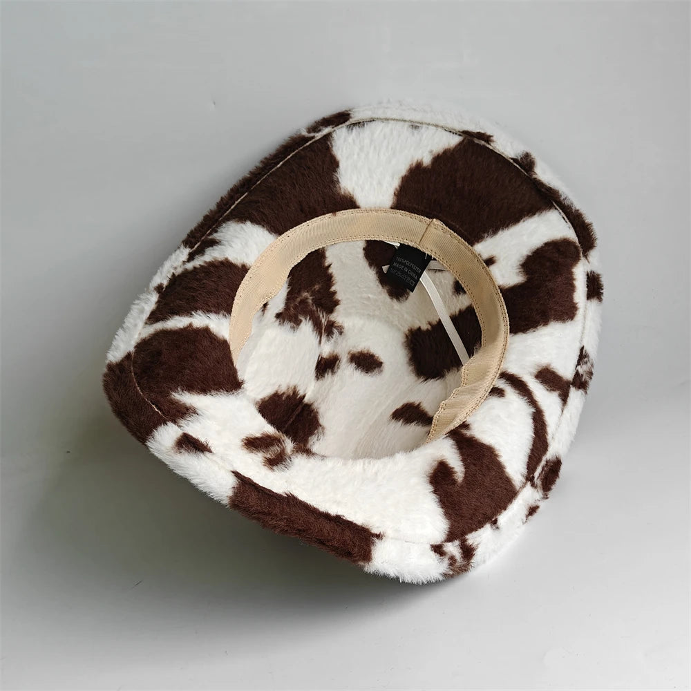 Faux fur leopard print hat in brown and white with wide brim and inner label detail
