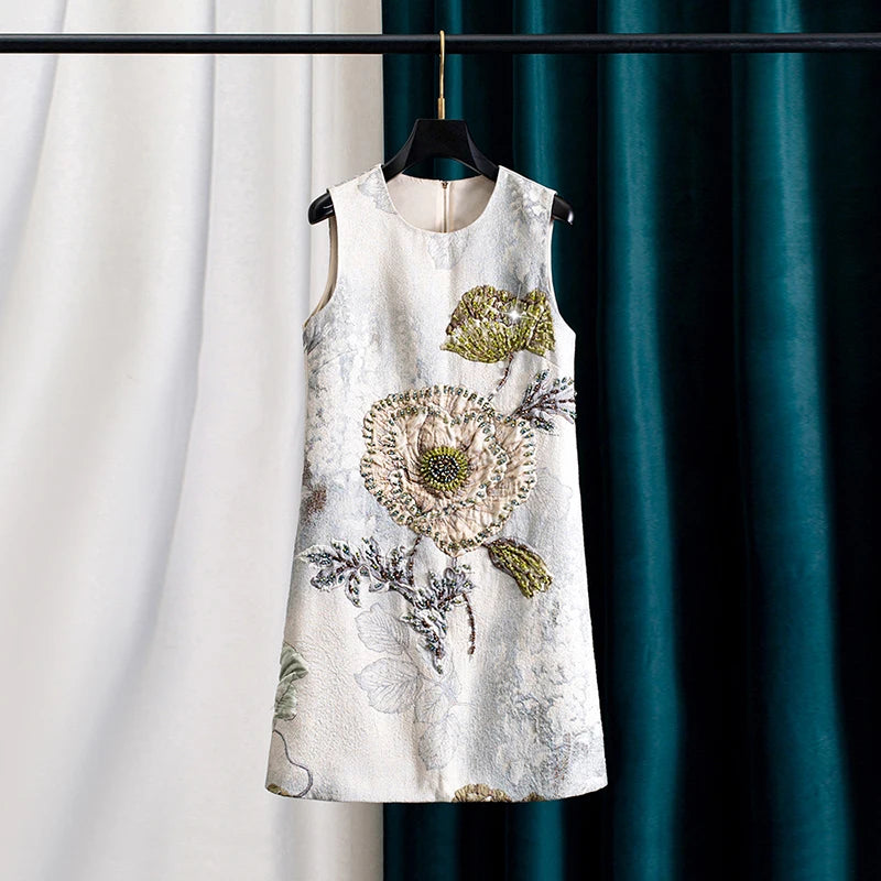 Luxury 3D-Beaded Floral Embroidery Dress