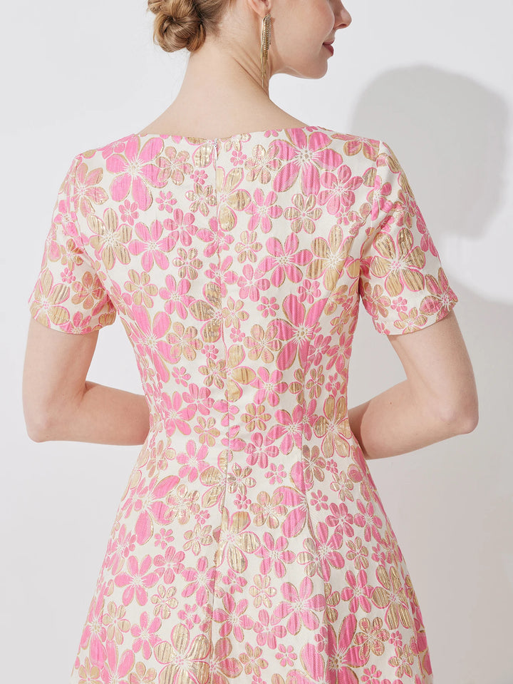 Artistic Floral Waist-Cinched Evening Dress