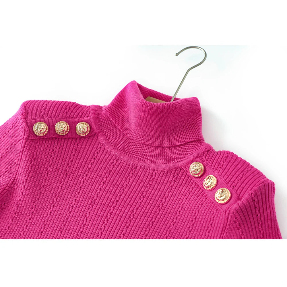 Fuchsia turtleneck sweater with ribbed collar and gold button accents