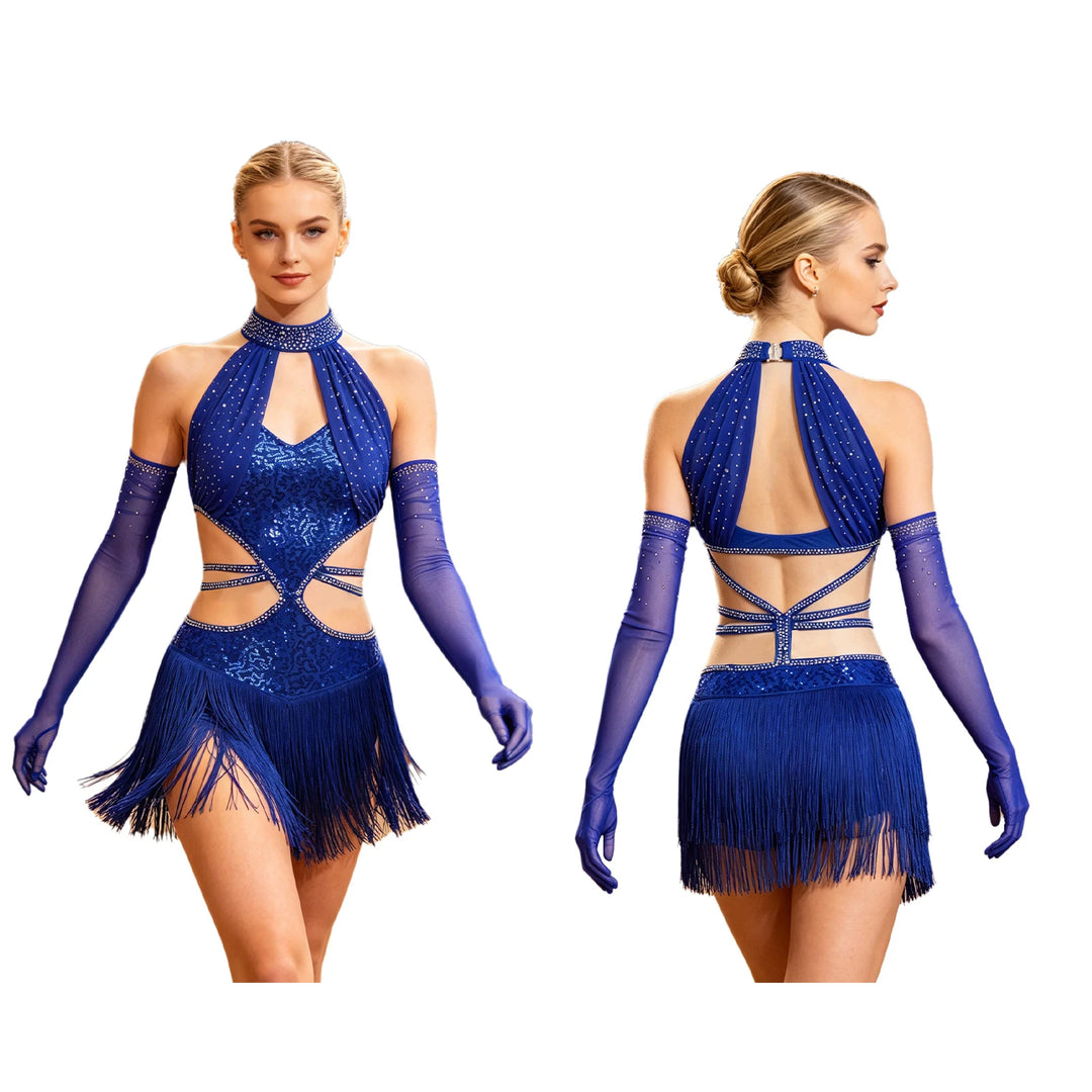 Royal blue halter dance dress with sparkly tassel fringe skirt and open back cutout
