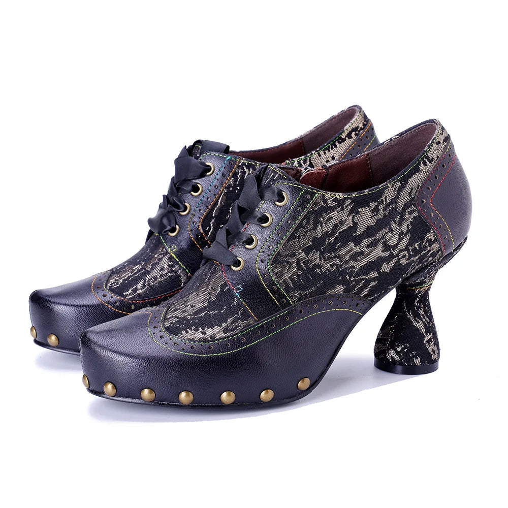 Lace-up heel pumps in dark printed leather with rivet-studded platform and mid-height heel