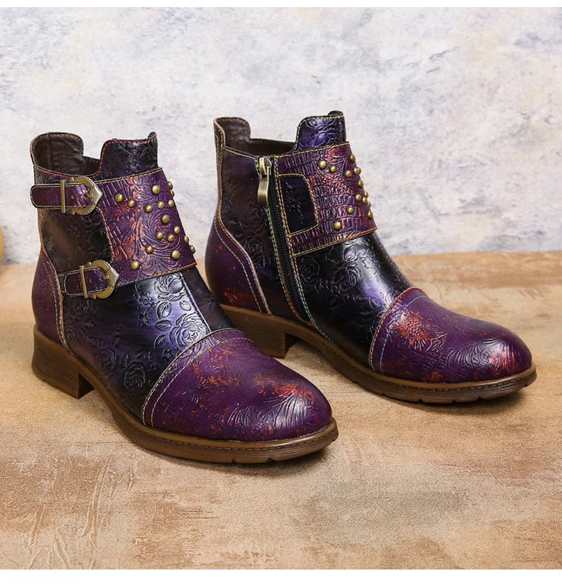 Riveted Belt Buckle Embossed Boots