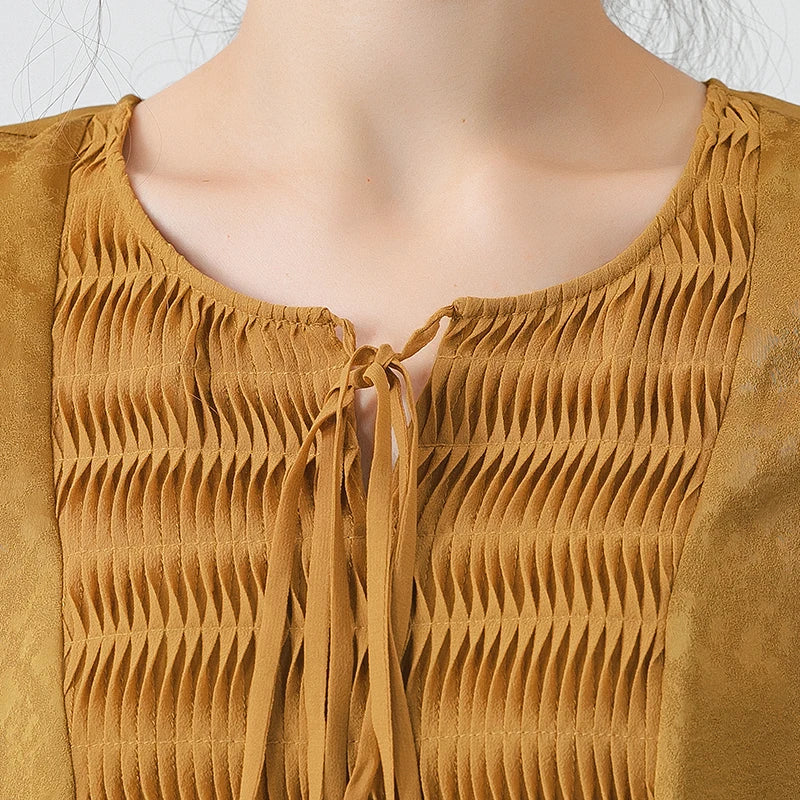 Tie-neck Taco Pleated Silk Tops