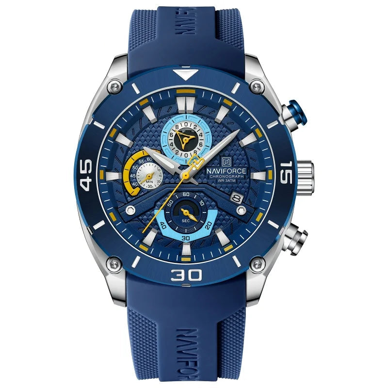 Blue sports watch with textured silicone strap and multi-dial chronograph face