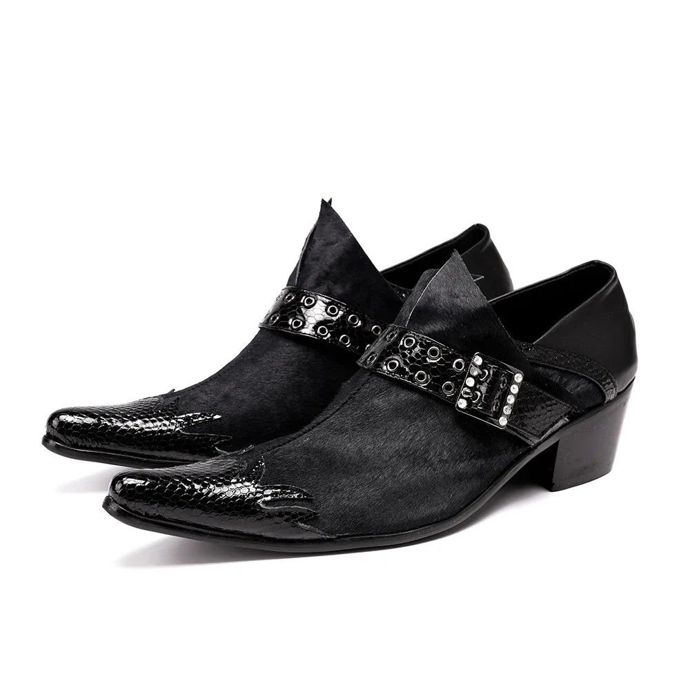 Black men’s leather formal loafer shoes with silver stud buckle and mid block heel