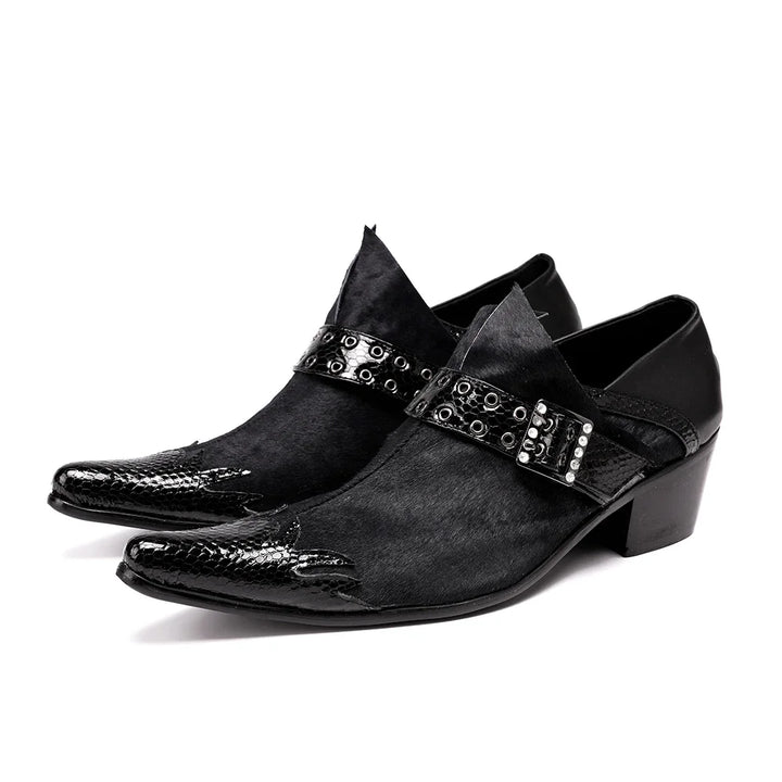 Black men’s leather formal loafer shoes with silver stud buckle and mid block heel