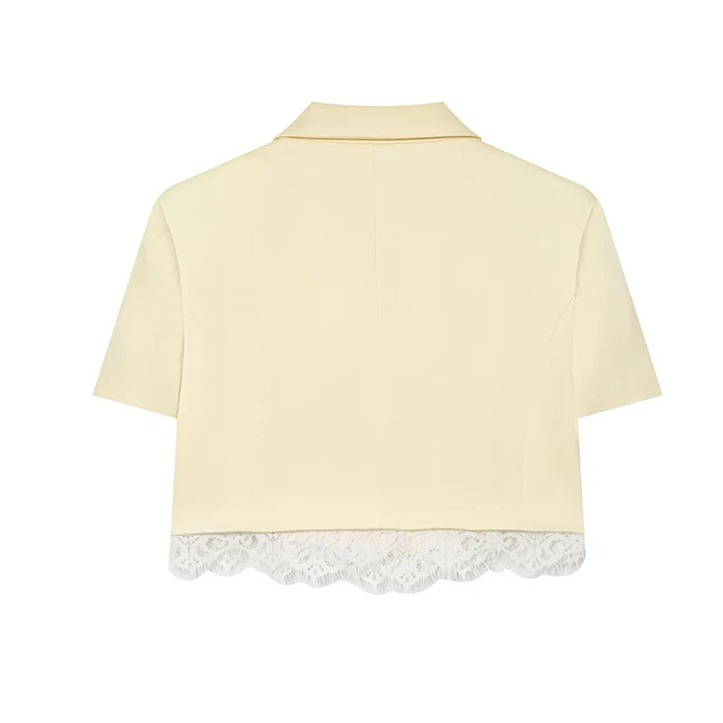 Beige cropped satin blazer, back view with short sleeves and folded collar