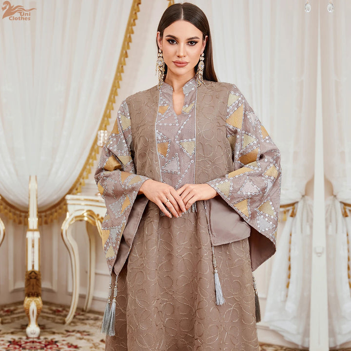 Notched Stand Collar Tassels Abaya Dress